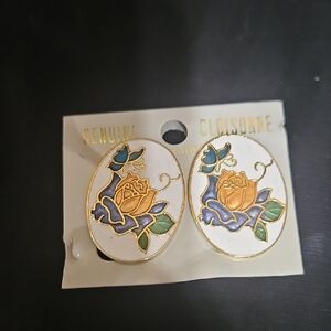 Cloisonné Floral Earrings - Gold and Blue